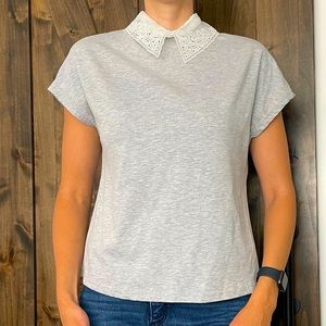 Preppy style grey shirt with lace collar.
